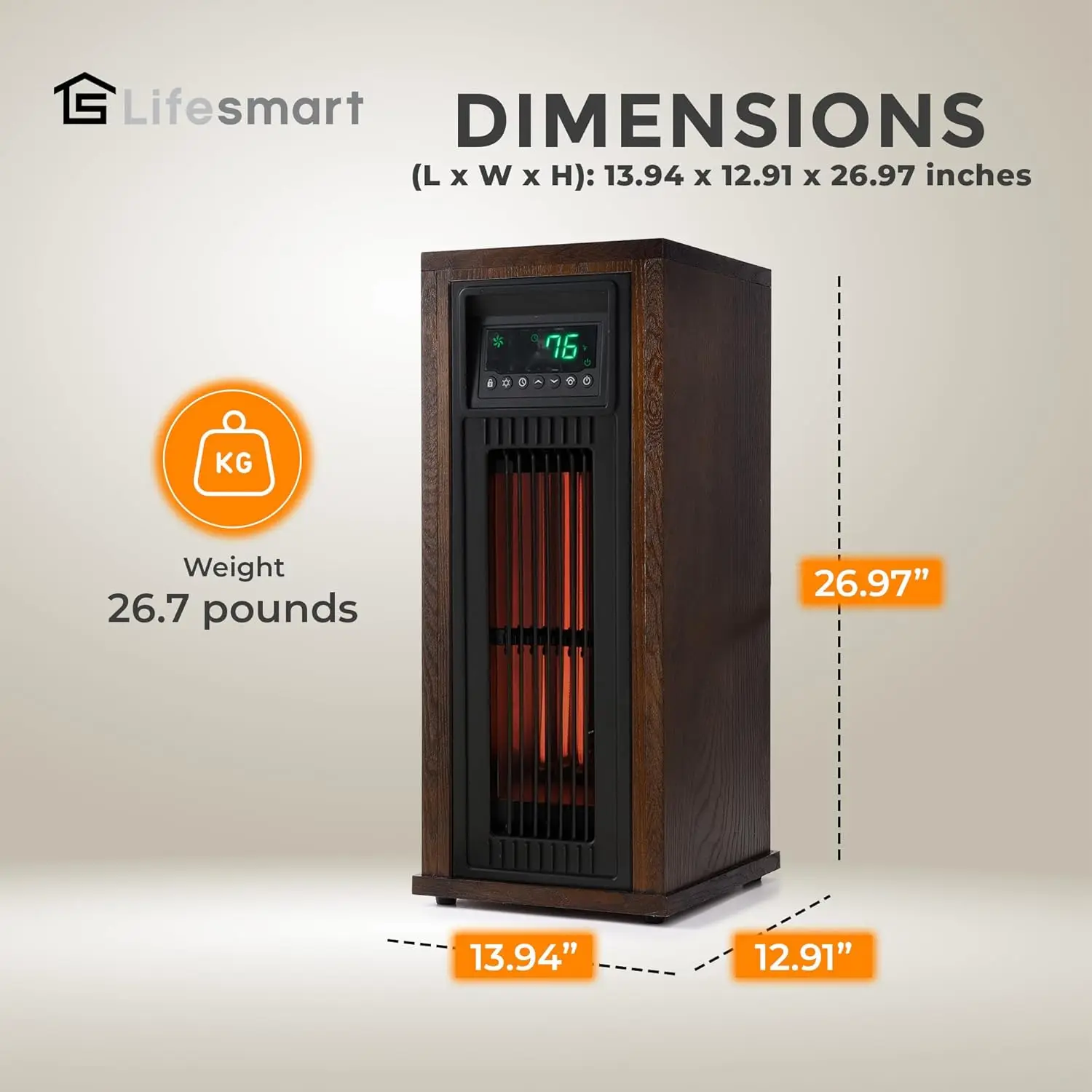 LifePro 23 Inch Portable Electric Infrared Tower Space Heater for Indoor Use with 3 Heating Elements, Thermostat, and Remote, Br