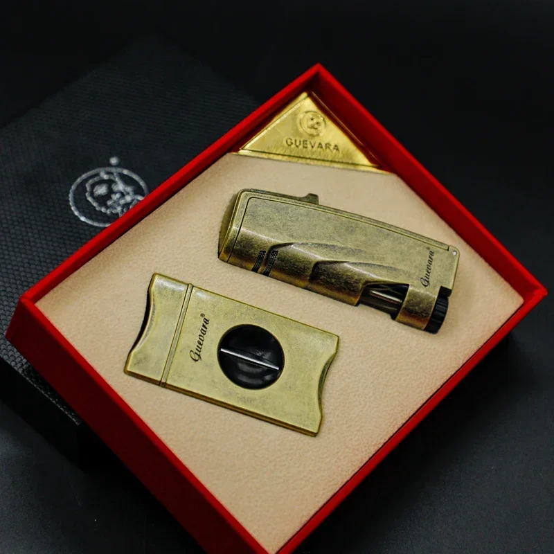 

GUEVARA Metal Cigar Lighter Cutter Windproof Torch 3 Jet Blue Flame Accessories Set Butane Gas with Punch Gift Box