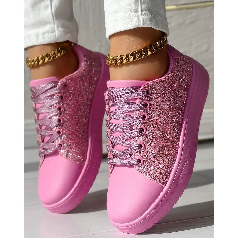 Bling Bling Sequins Decor Lace-up Flats Sneakers for Women Daily Casual Round Toe Pink Sports Shoes Spring Going Out Flats