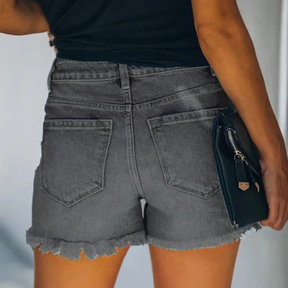 

Lady Slim Fit Shorts Stylish Women's High Waist Denim Shorts with Ripped Edge Multi Pockets Slim Fit Button Closure for Summer