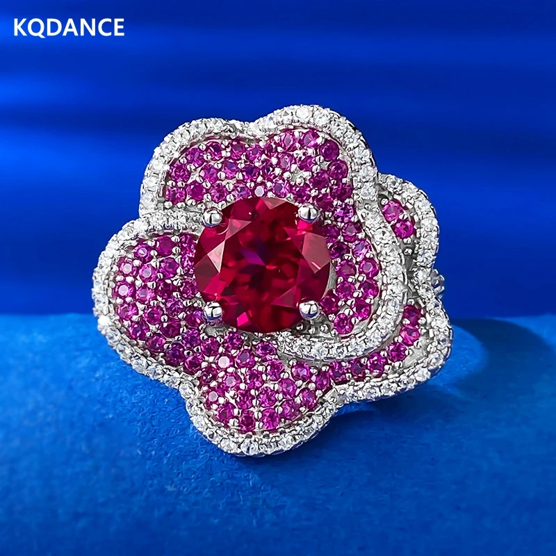 

KQDANCE Vinate Real 925 Sterling Silver Created Ruby Red Gemstone High Carbon Diamonds Rose Flower Rings For Women Fine Jewelry