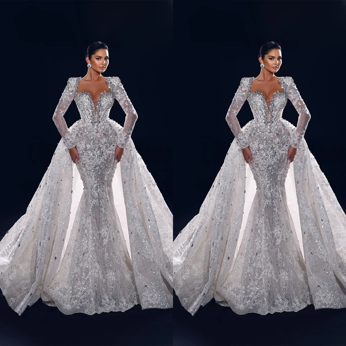 

Luxury Crystal Mermaid Wedding Dresses Detachable Train Sequine Long Sleeves Illusion Bride Gowns Custom Made Robes De Mariée