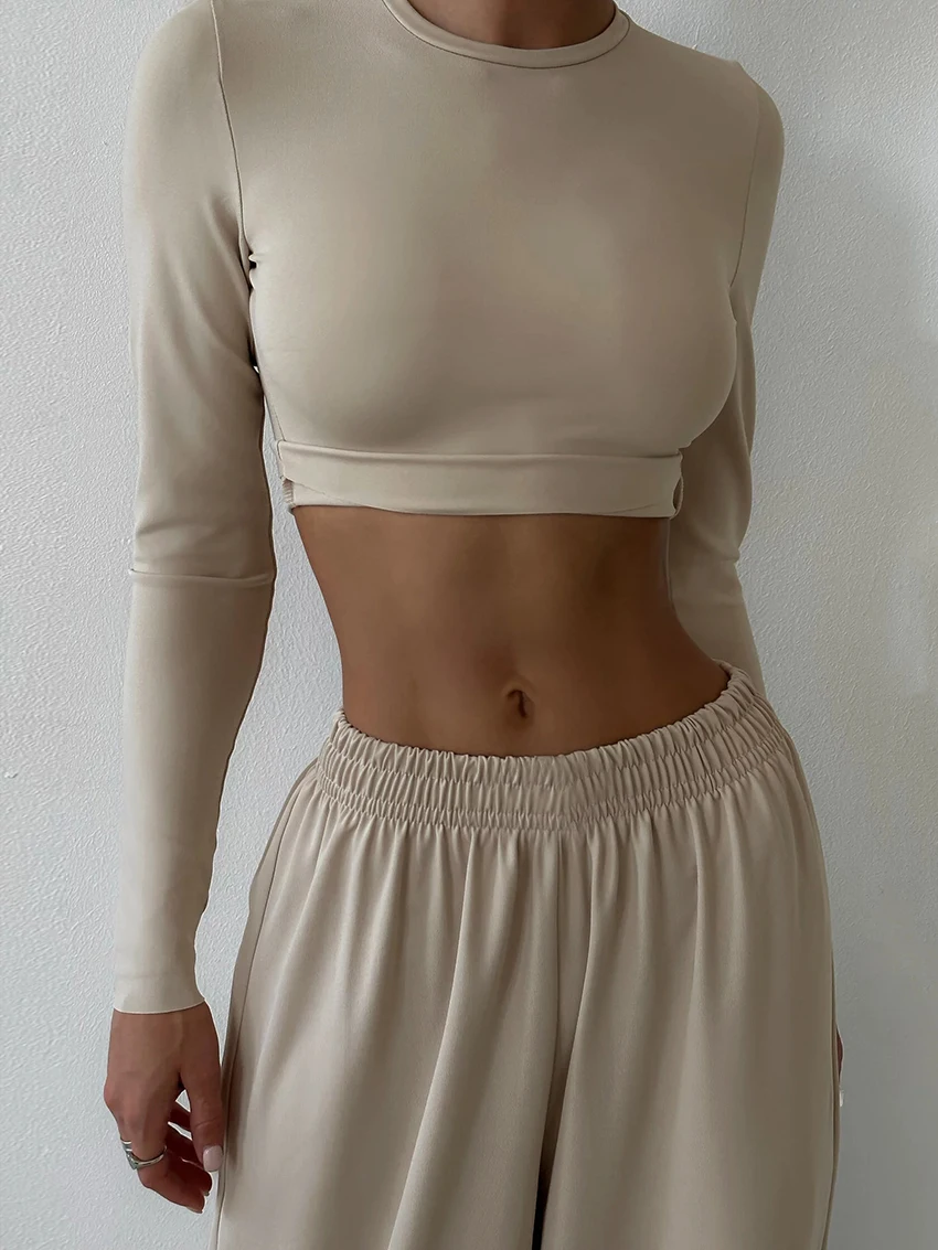 Marthaqiqi Spring Home Clothes For Women O-Neck Sleepwear Long Sleeve Nightgowns Crop Top Pajama Pants Casual Female Nightie Set