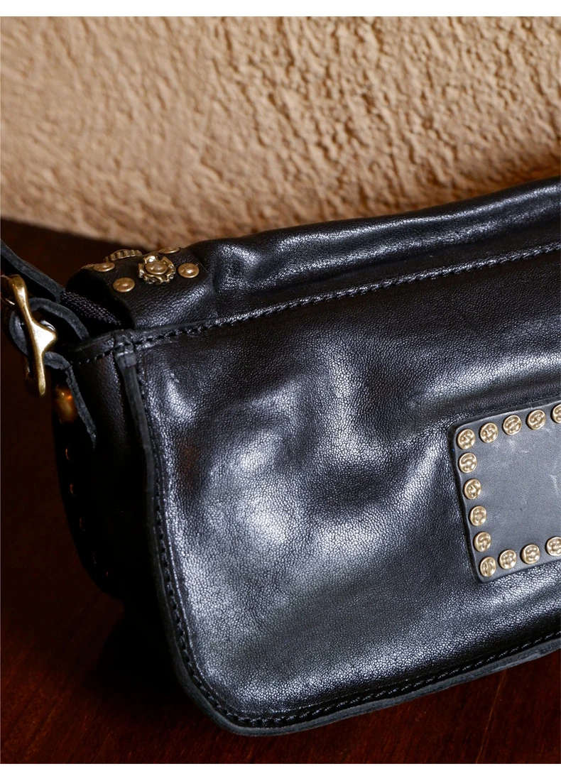 PNDME Designer handgemachte echtes Leder Damen Umhängetasche Vintage Luxus Rindsleder Damen schwarz Nieten Unterarmtasche – Detail 8