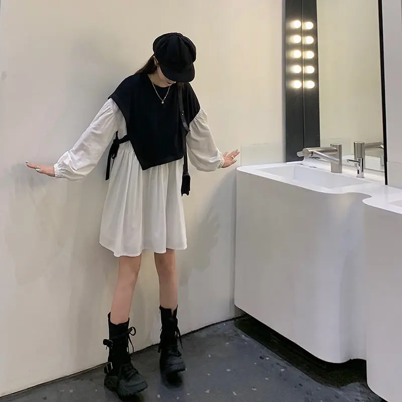 Dress Women's Elegant Plus Size Fake Two Piece Lantern Sleeve Knee