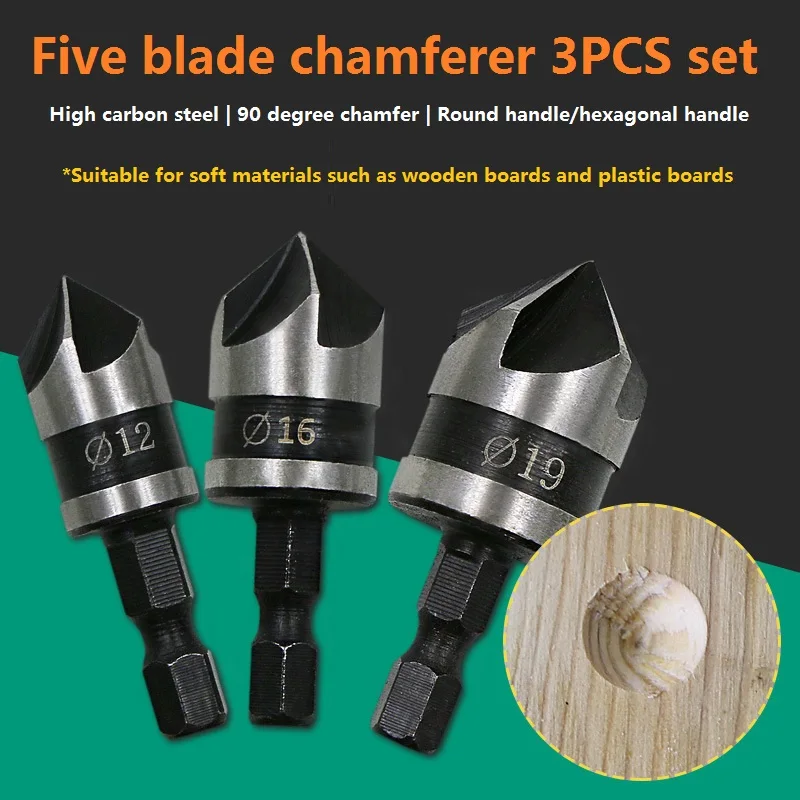 

1pc Carbon Steel 90 Degrees Hexagon Handle Five-Edge Chamfer 12/16/19mm Countersink Woodworking Hole Open Punching Hand Tools