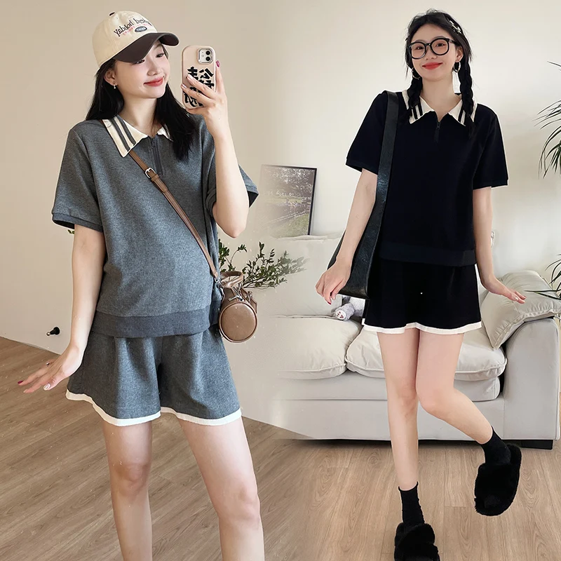 F73364# Pregnant Women Suit Short Sleeve Korean Fashion Slim Women Clothes Color Block Pants Suit