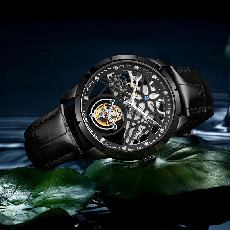 Real Tourbillon watch with a men's skeleton movement and a luxurious waterproof sapphire mechanical watch with a skeleton clock