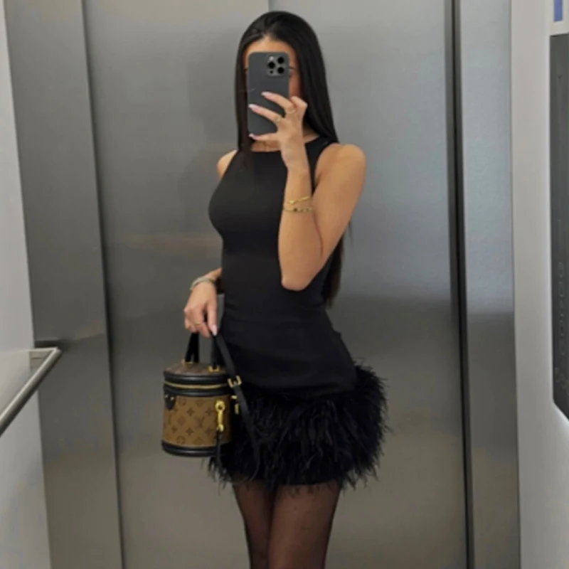 HXAO Black Feather Dress Womens Dresses Autumn 2025 Elegant Party Dresses Mini Elastic Sleeveless Sundress Chic Evening Vestidos Seb3b8712bf6745e7839e21e6d78516dfQ