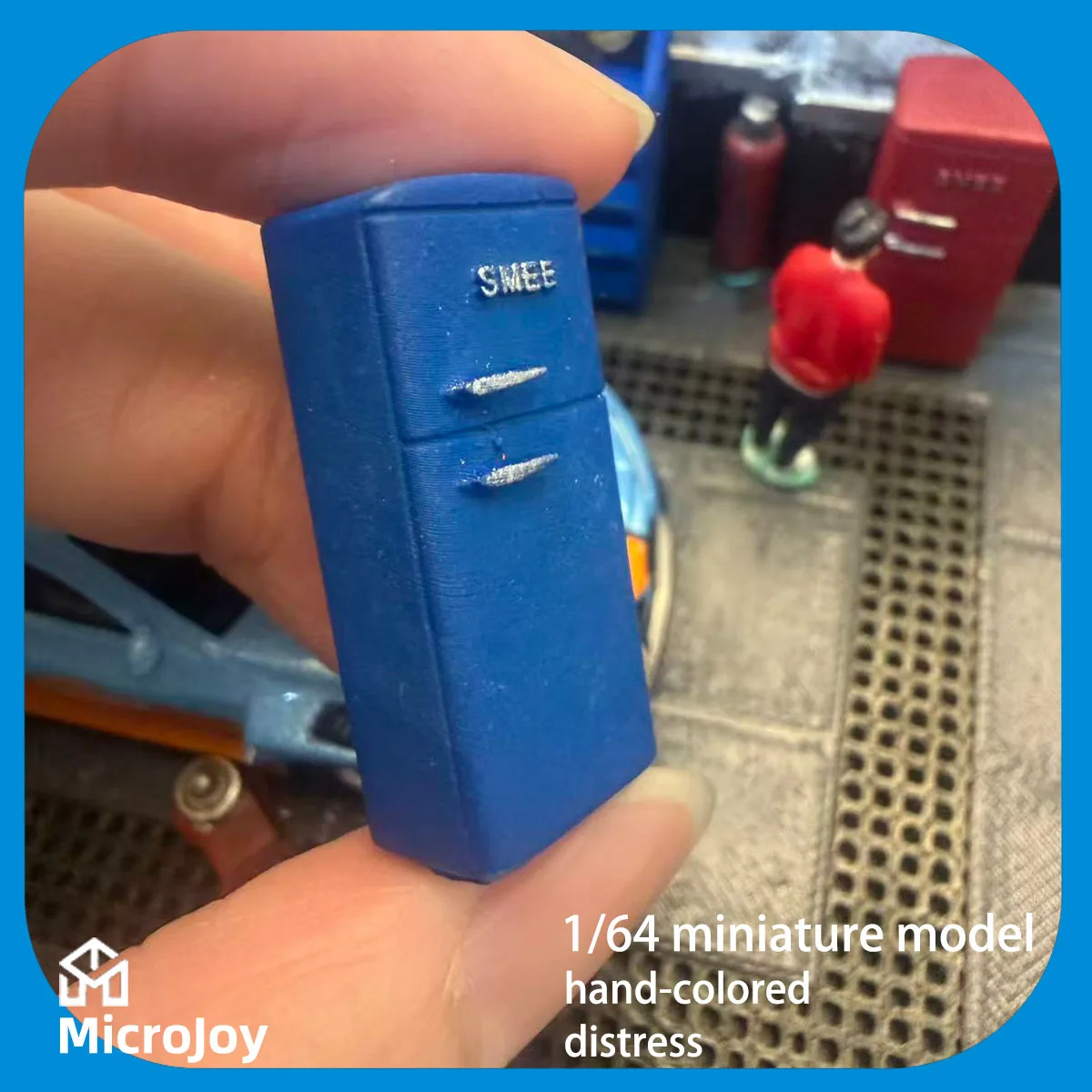 상세한 장면: 1:64 스케일 미니어처 모델 수리점, 미니 빈티지 냉장고 장식품, 빈티지 장식이 있는 자동차 모델 장면