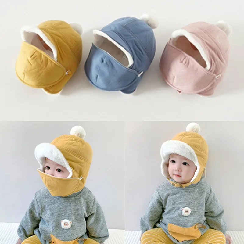 

Winter Windproof Thicken Fleece Baby Hat with Detachable Mouth Mask Children Ear Protection Beanies Cap Warm Baby Bonnet