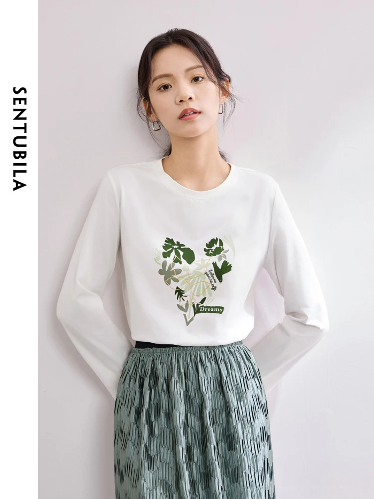 

SENTUBILA White Printed Cotton T-shirt Basic Tees 2024 Spring Comfort Round Neck Long Sleeve Tops Casual Pullovers 141T53852
