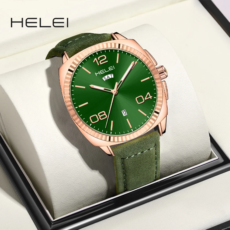 

HELEI high quality men's watches fashion quartz watches waterproof luminous gradient dial leather men's watches
