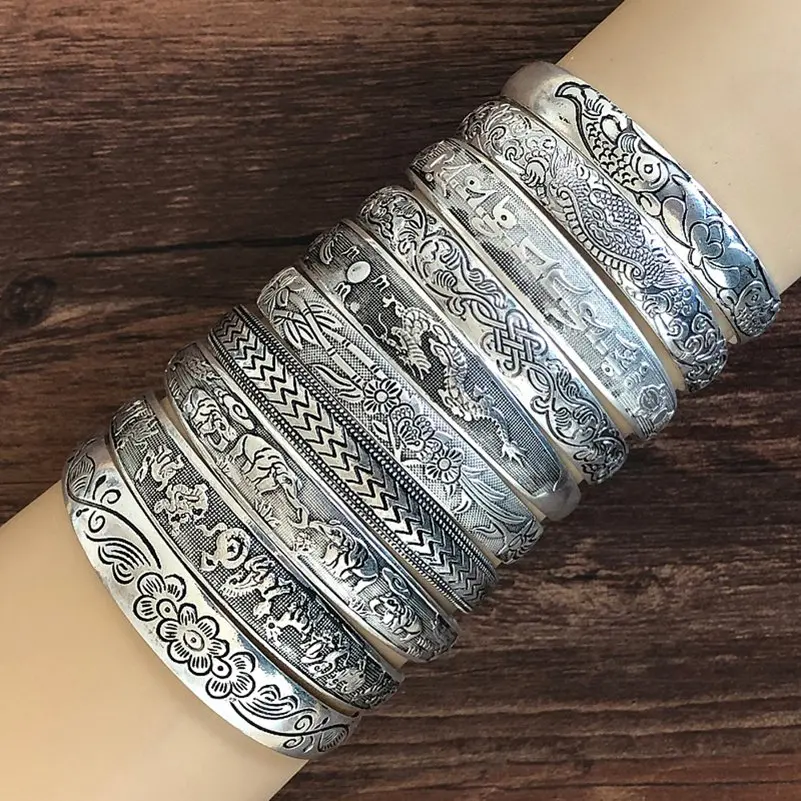 Retro Cuff Bracelets Tibetan Silver Metal Carving Fish Elephant Flower Bangles Vintage Gypsy Jewelry Female Gifts