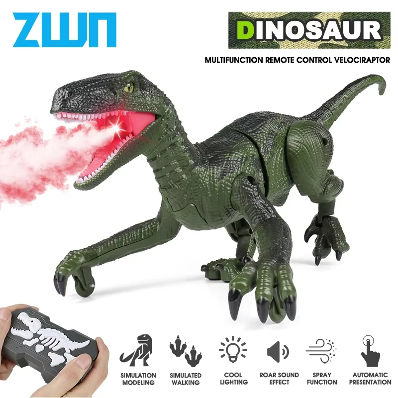ZWN RC Dinosaur With Spray 2.4G Remote Control Walking Dinosaur Robot Toys Simulation Velociraptor Gifts for Kids 3-5 Years Old