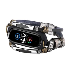 Elegant Metal and Leather Smart Bracelet Strap Replacement Wristband for Mi Band 8 (Black)