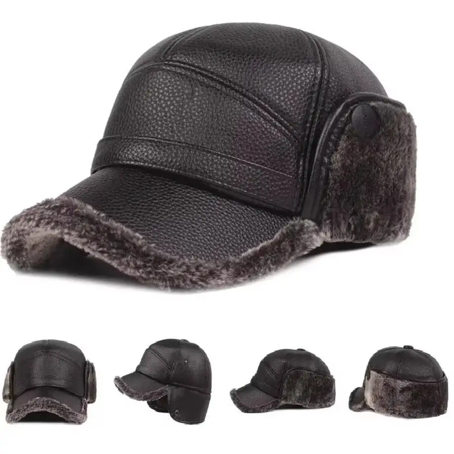 1 Pcs Hat Men Winter Warm Dad Old Man Leather Hat With Thick Velvet Windproof Old Man Ear Protection Duckbill Hat