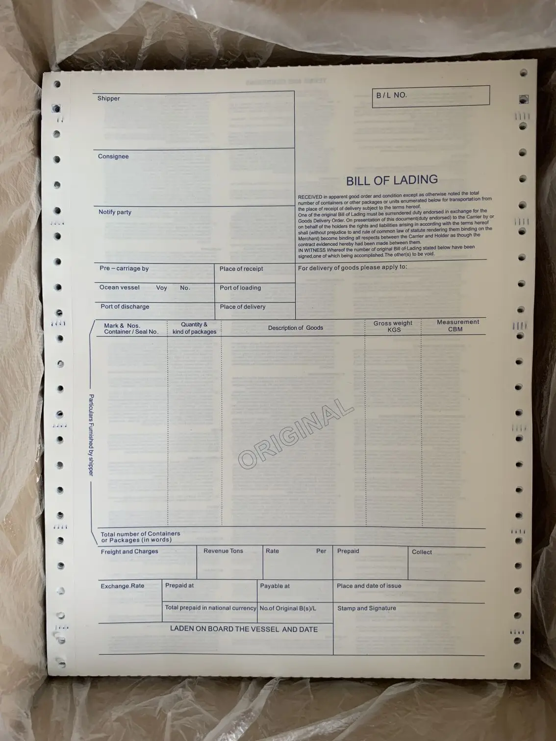 Neutral OCEAN bill of lading, Nvocc 3 originals, 3 copies，6 pages, General international Logistics MBL LCL，paper