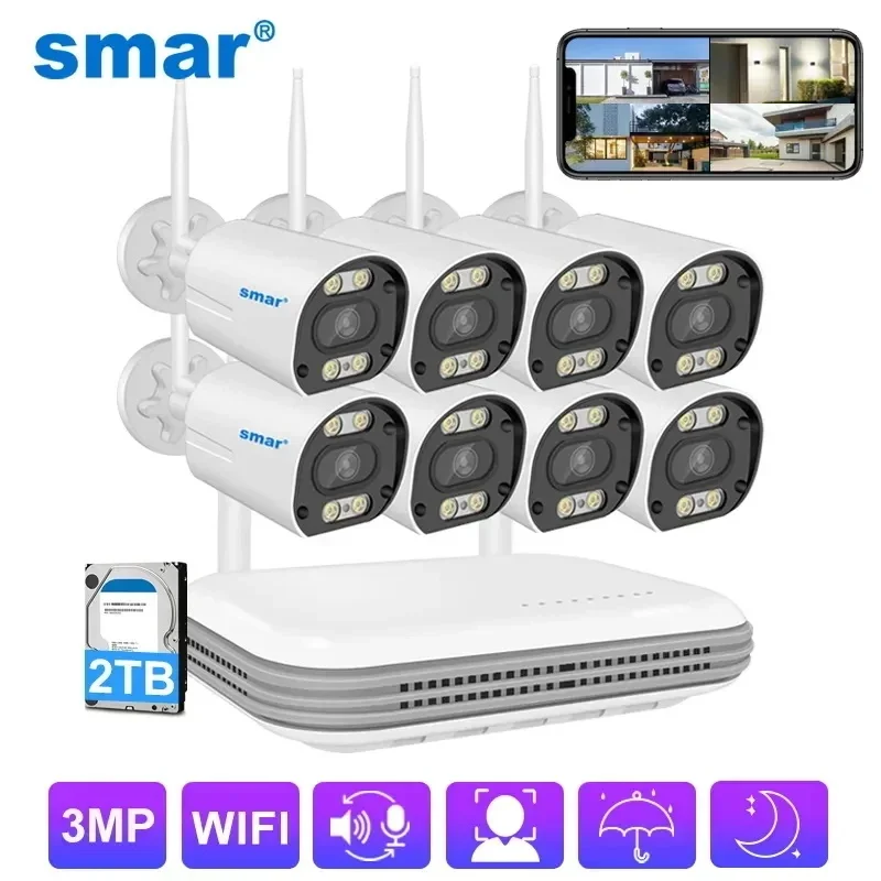 SMAR Wireless H.265 3MP HD Security Audio AI Face Detect IP 8CH NVR Video Surveillance CCTV System Wifi Camera Kit ICSee security camera