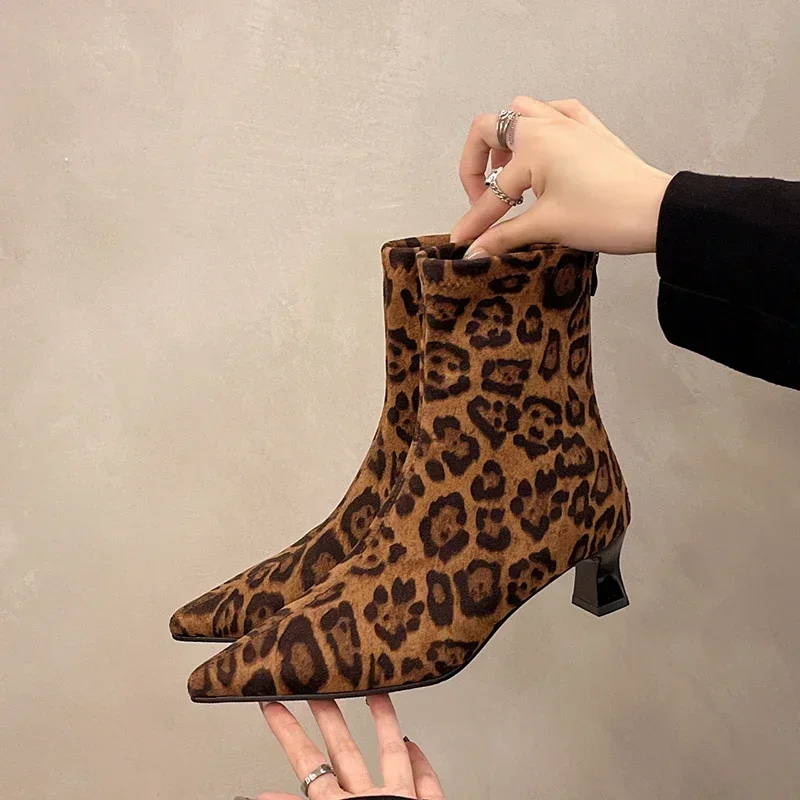 Fashion Designer Leopard Print Women Ankle Boots Pointed Toe Short