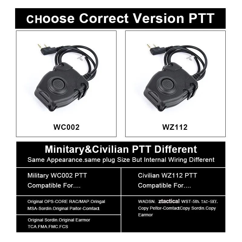 Wadsn Comtact Headset Tactical PTT for BaoFeng Walkie Talkie Motorola Kenwood Icom Midland Radio for Wargame
