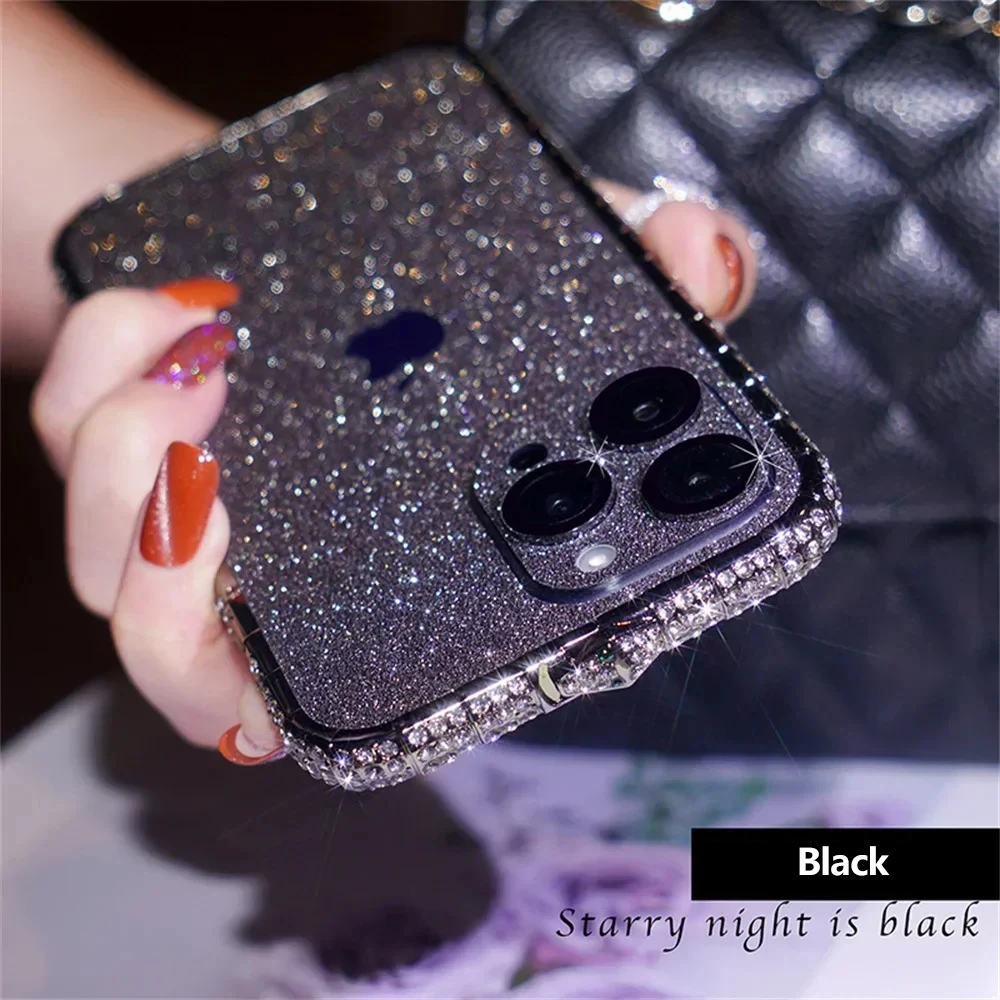 iPhone Case Bling Rhinestone Diamond Metal Bumper Phone Case For iPhone 15 Plus 14 13 12 11 Pro XS Max XR X 8 Glitter Powder Back Film Cover
