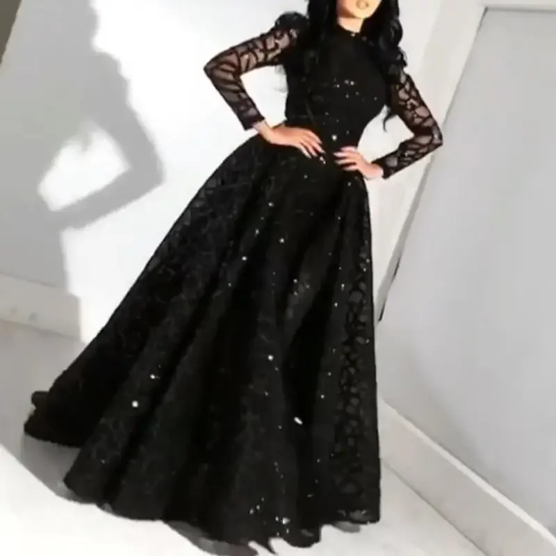 

Women Dress 2023 Summer Long-Sleeved Sequined Expandable Elegant Gown Party Dress High Waist Big Swing Black Dresses Black