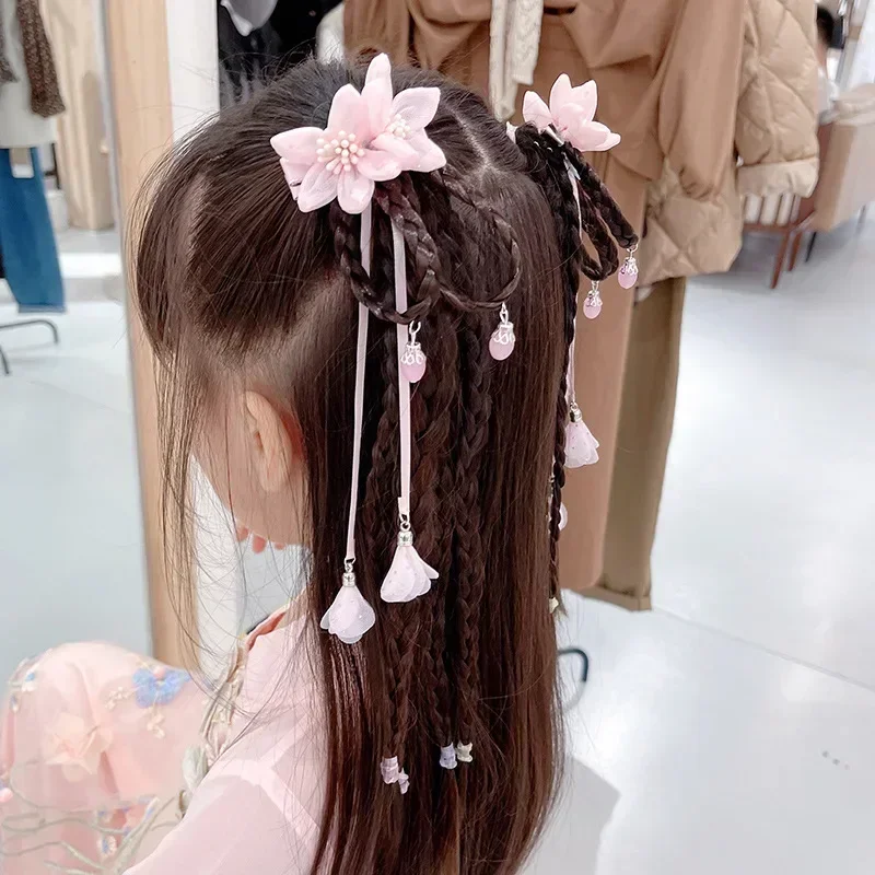 Girls' Hanfu Garden Flower Headwear Clip Children's Ancient Chinese Braids Little Girls' Ancient Hair Ornaments Streamers 2