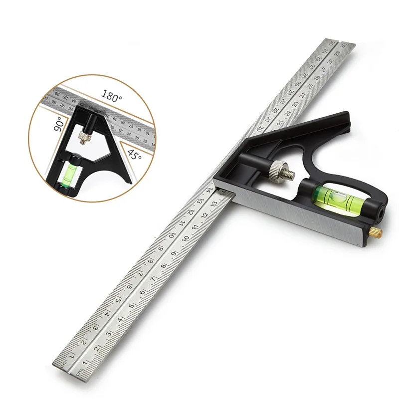 300mm Try Square Set Precise Stainless Steel Measuring Tool Combination Square Right Angle Workshop Carpenter Angle Level Ruler stainless steel ruler,ruler set,metal ruler,straight ruler,triangle ruler