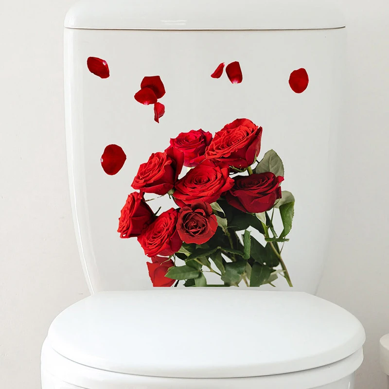 Roses Toilet Seat Stickers Red Flowers Toilet Lid Decals DIY Removable Watercolor Bouquet Toilets Stickers For Cistern Bathroom
