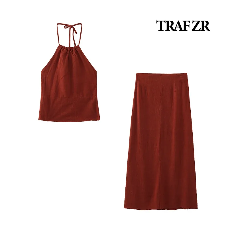

TRAF ZR Linen Women's Suits Beach Outfit Elegant Sets Dress Off Shoulder Summer New Skirts Two-piece Matching Vacation Outfits