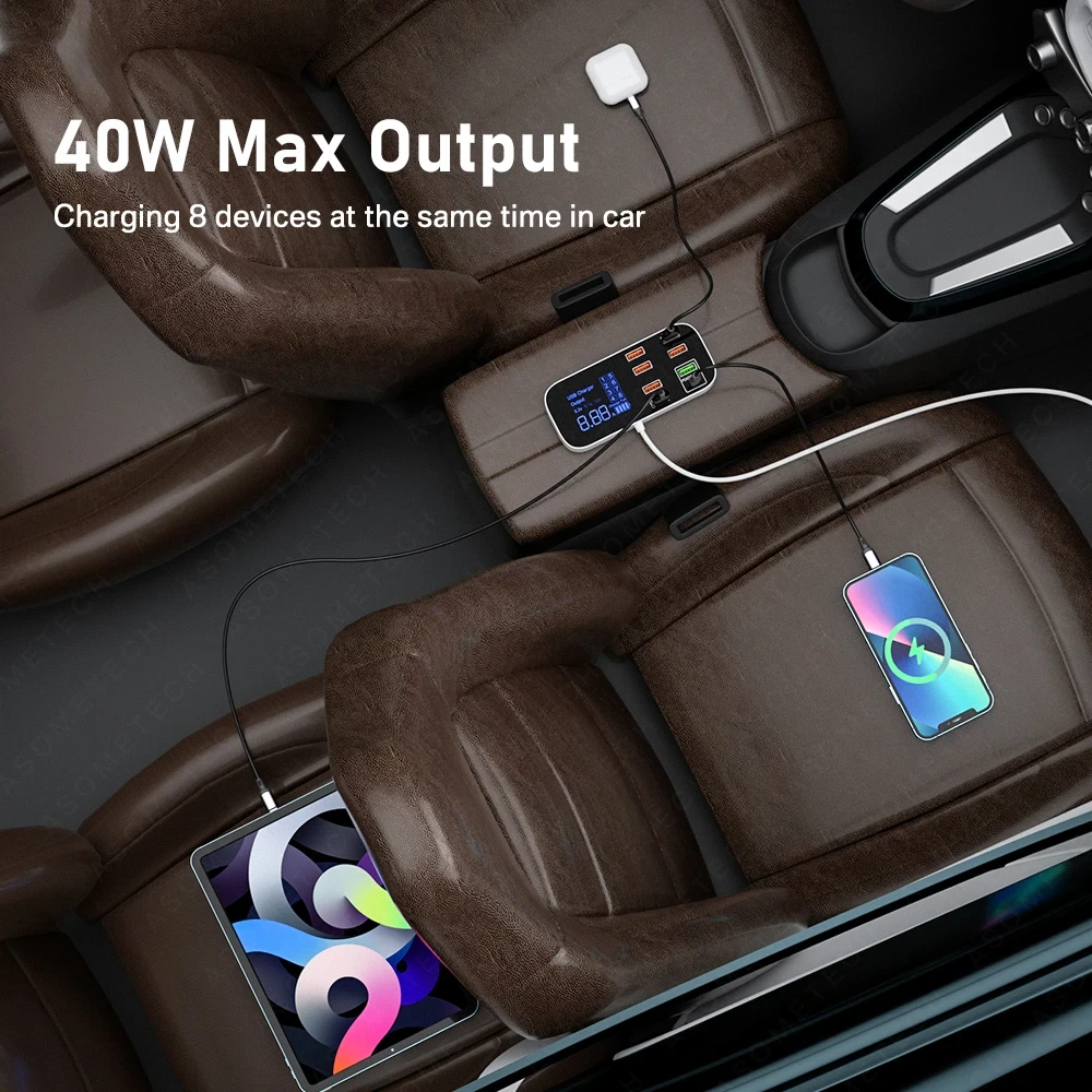 EONLINE 3D 40W 8 Ports USB Car Charger QC3.0 PD Type C Fast Phone Charger with LED Display Multi USB Charger for iPhone 15 Pro