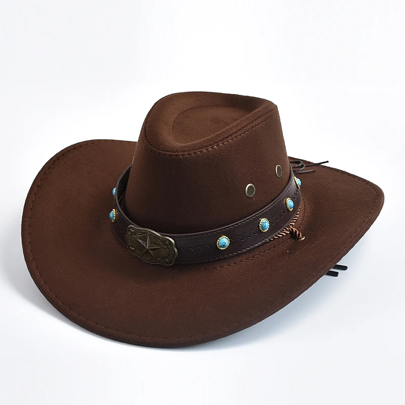 

Vintage Artificial Suede Western Cowboy Hat for Men Wide Brim Cowgirl Jazz Cap with Leather Holidays Party Cosplay Hat