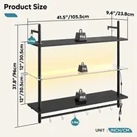 Gaming LED Floating Shelves for Wall, 41" Wall Mounted Shelf Pipe Glass Shelves, 3 Tier Hanging Display Rack with 8 S-Hooks Towe 2