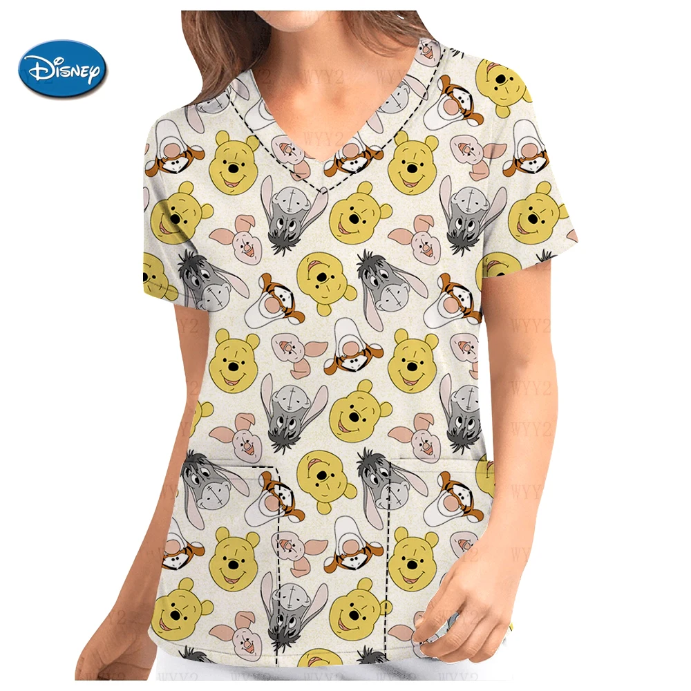 

New Disney series hospital work uniform Sleeping Devil V-neck pocket scrub top Winnie the Pooh dental beauty salon work uniform