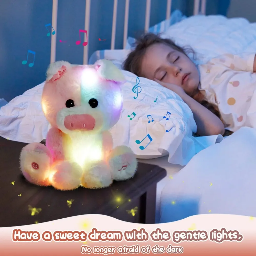 28cm Glowing Cute Pig Doll Toys Kawaii Stuffed Animals with LED Light Throw Pillows Pig Lullaby Colorful Toy for Girls Kids