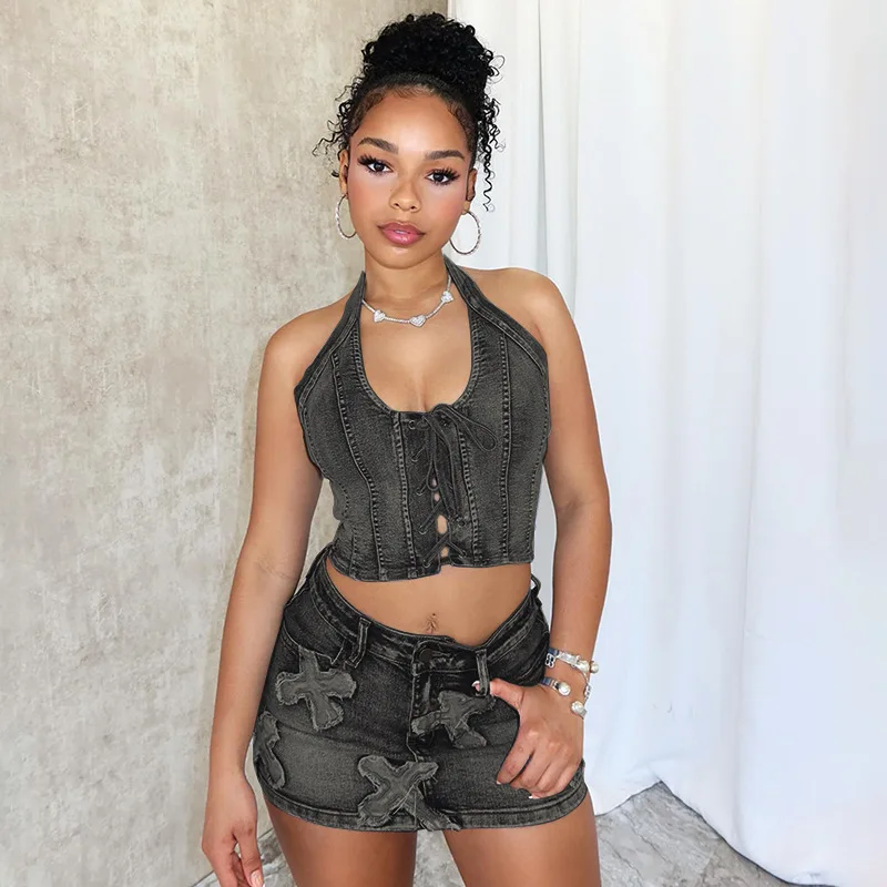 

Embroidery Denim Two Piece Set Women 2024 Summer New Halter Lace Up Sleeveless Tank Crop Tops Mini Skirts Casual Outfits