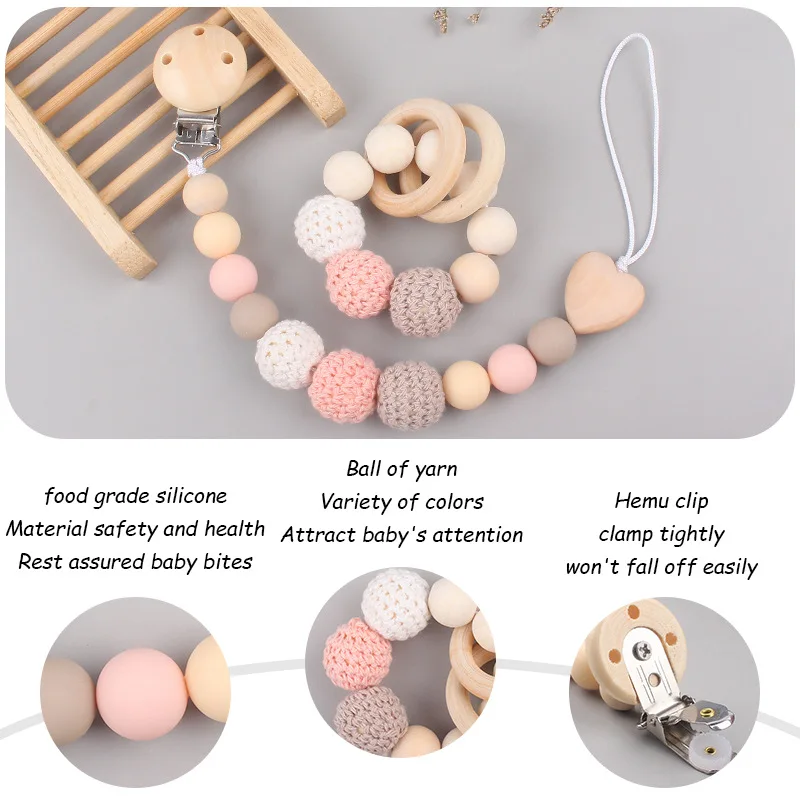 Pacifier Clip Baby Wooden Teethers Bracelet Set Silicone Beads Babies Soothe Nipple Teething Toys Anti-lost Chain Newborn