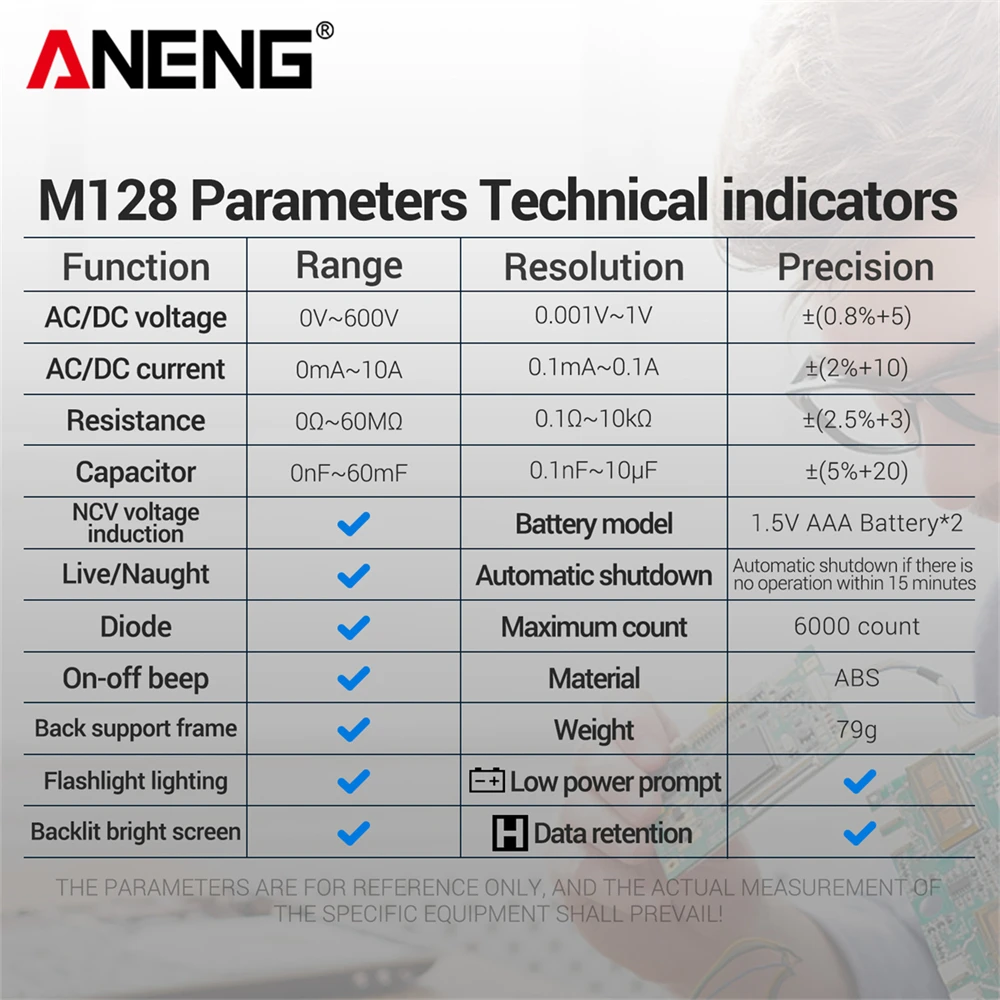 ANENG M128 디지털 멀티미터 6000 카운트, NCV 전압 감지 AC/DC 전압 테스터 전기 기술자용 백라이트 스크린 손전등
