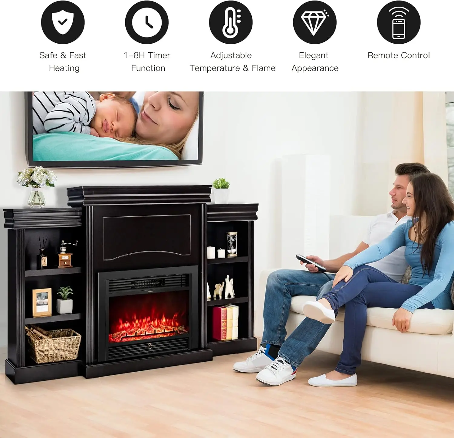 70" Mantel Fireplace, 750W/1500W Electric Fireplace w/Mantel & Built-in Bookshelves, 28.5-Inch Electric Fireplace w/Remote Contr