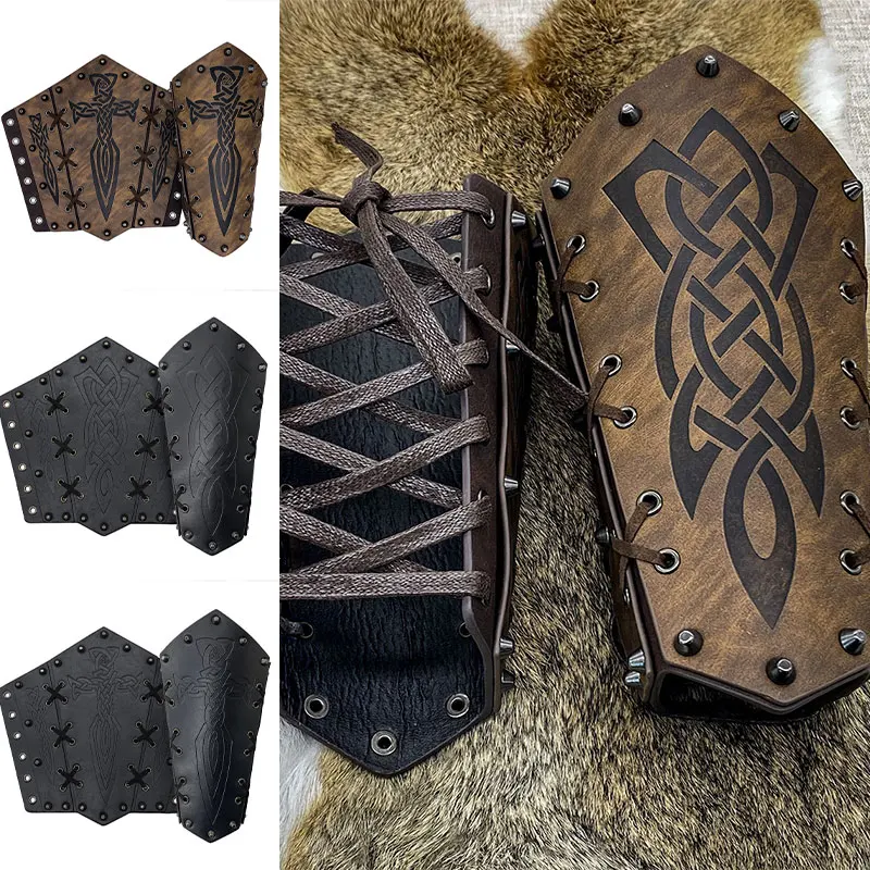 

1pc Medieval Knights Armor Wristband PU Leather Arm Lace-Up Bracers Punk Party Stage Men Cosplay Pirate Halloween Accessories