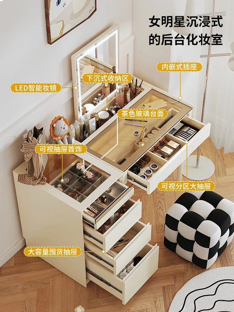 

The product can be customized.Modern minimalist dressing table storage cabinet, integrated bedroom, cream style makeup