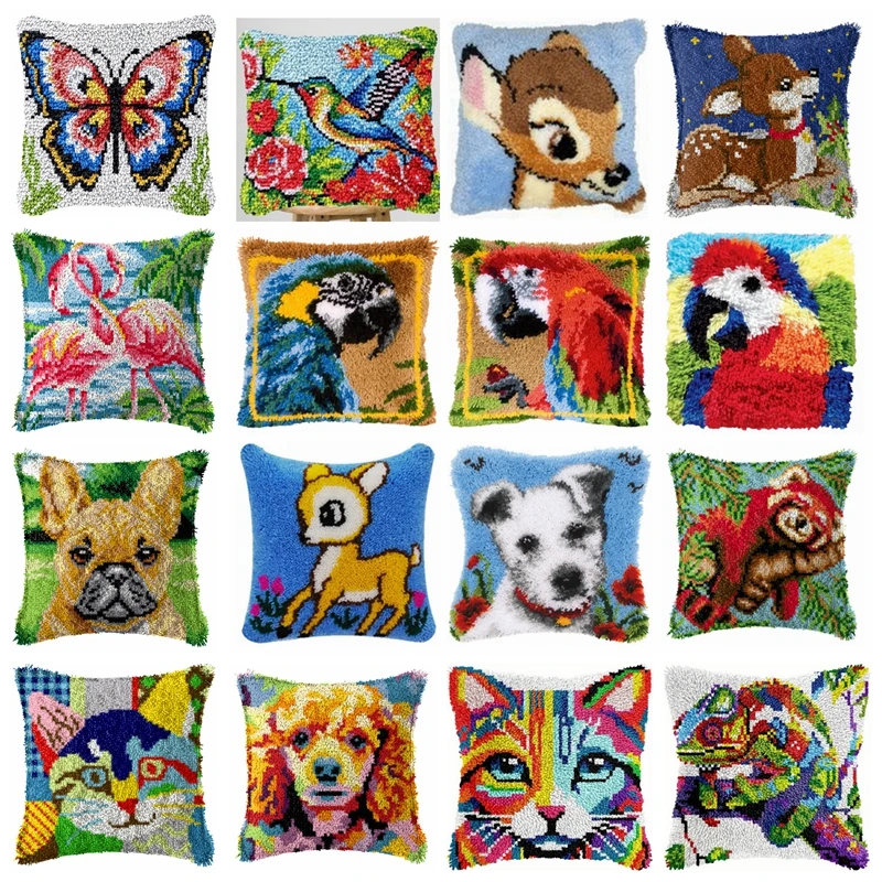 Bird Cat Dog Latch Hook Kit Pillows Embroidery Do It Yourself Embroidery Carpet With Pre-Printed Pattern Animals Pillow Decor