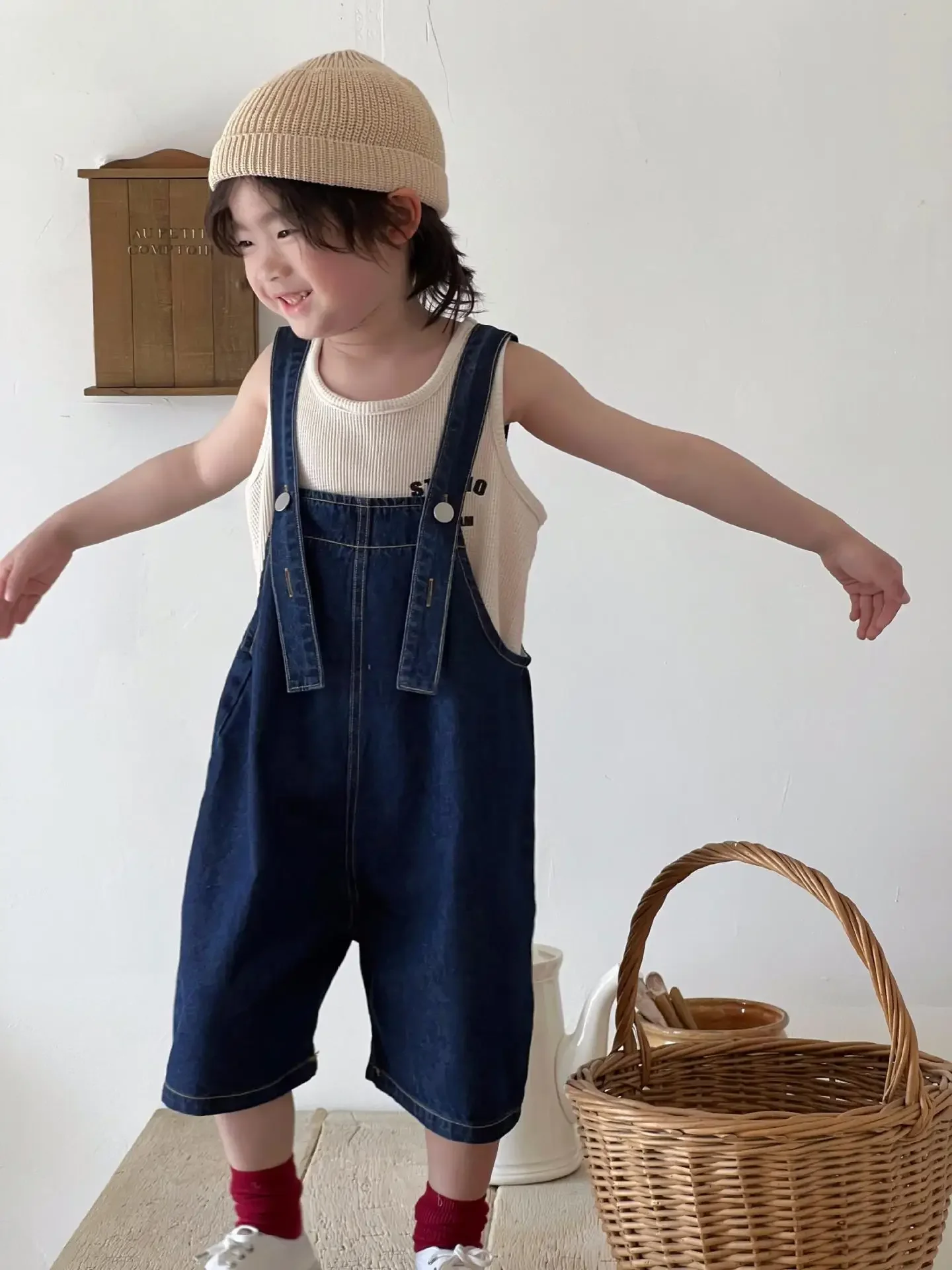 아동복 여아 데님 바지, 한국 스타일, 2024 여름 신상 유행 청바지, 멜빵 캐주얼 바지