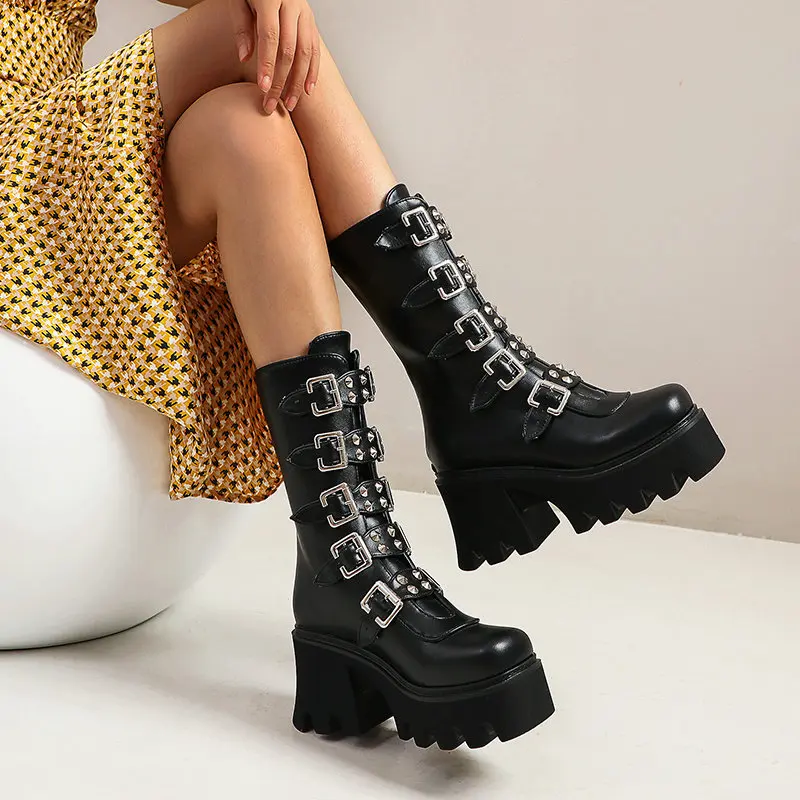 New Winter Gothic Punk Women's Platform Boots Black Buckle with Zipper Crawling Wedges Mid Calf Military Combat Boots Women 43