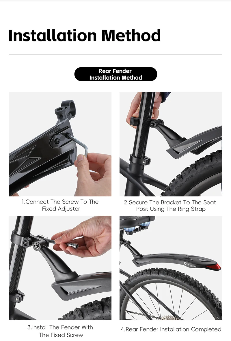 WEST BIKING 2 Stück Reflektierende Fahrradschutzbleche Langlebige Verstellbare Schutzbleche MTB Fahrrad Vorder- und Hinterradschutzblech Fahrradzubehör für 26-27,5 Zoll – Detail 9