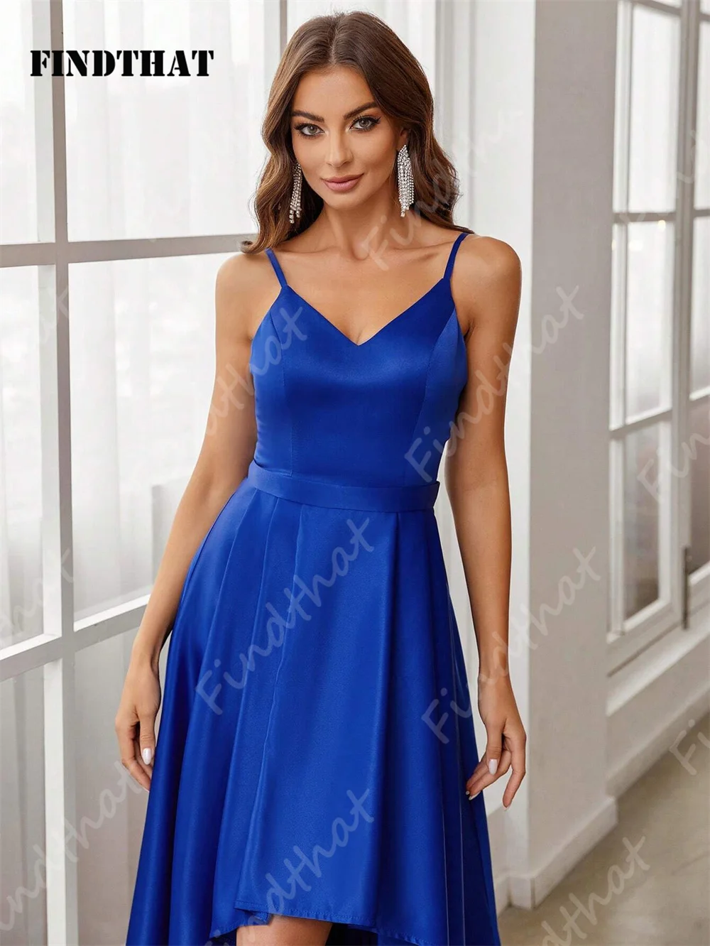 Elegant Royal Blue High-Low Satin Bridesmaid Dress for Wedding Simple V-Neck Cocktail Prom Gowns Findthat