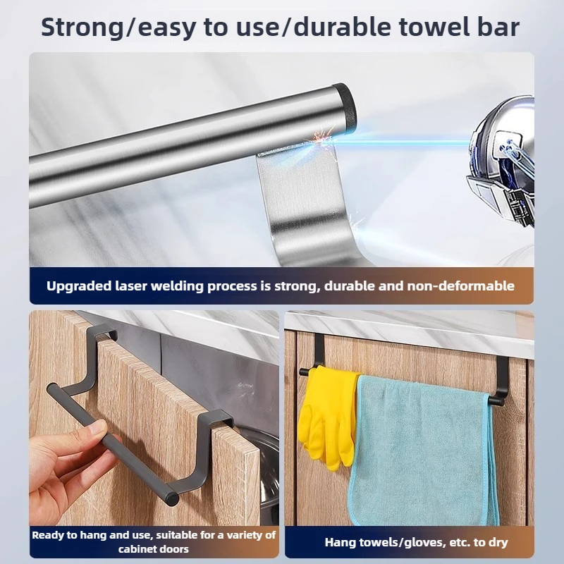 1pc Towel Rod Steel Metal Wire Over Cabinet Towel Rack Storage Organizer Bathroom Door Hanging Rack Punch-free Rag Hanger