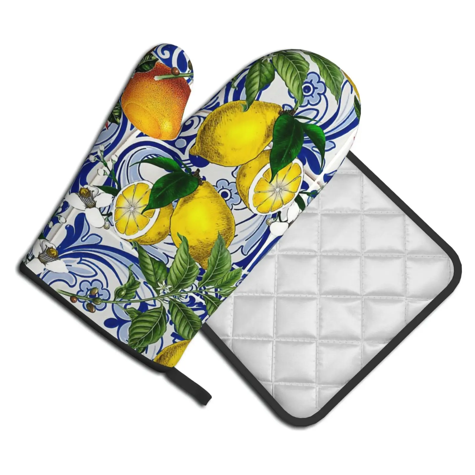 Lemon Oven Mitts & Pot Holders Summer Citrus Lemons Hot Pads with Non-Slip Heat Resistant Microwave Golves for Kitchen