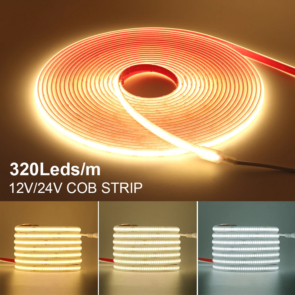 IP68 Waterproof COB LED Strip Light 12V 24V 320Leds/m RA90 High Density Flexible Ribbon Tape Rope Lamp Warm Natural Cold White